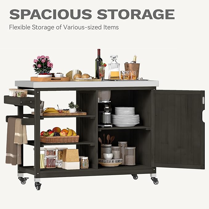 DWVO XL Outdoor Grill Table, Solid Wood Storage Table with Stainless Steel Top, Outdoor Kitchen Cart with Storage Cabinet for Patio, Kitchen Prep, Grilling Accessories, Brown