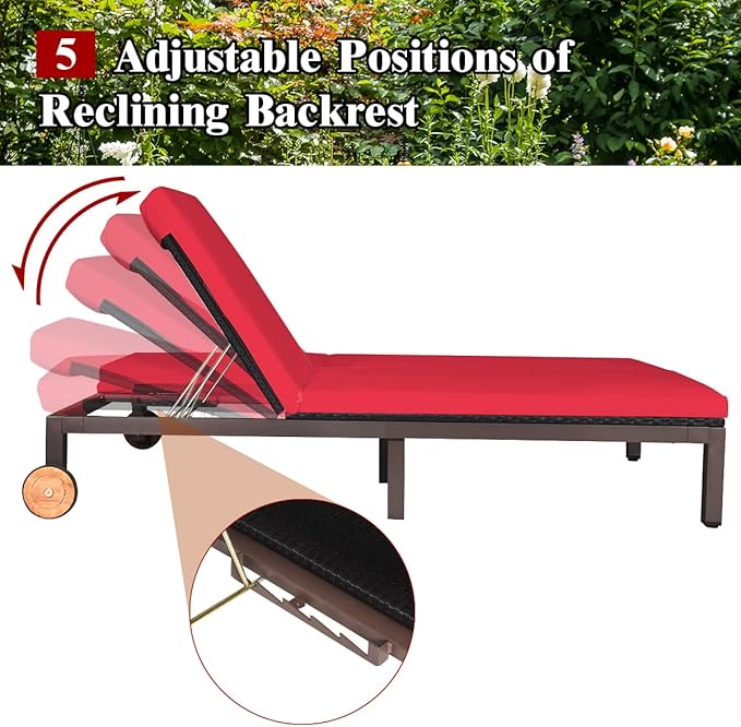 Tangkula 2-Person Patio Lounge Chair, Outdoor Rattan Double Wicker Daybed Chaise Lounge Chair with Adjustable Backrest Wheels & Cushion, Patio Sofa for Garden Lawn Backyard (Red)