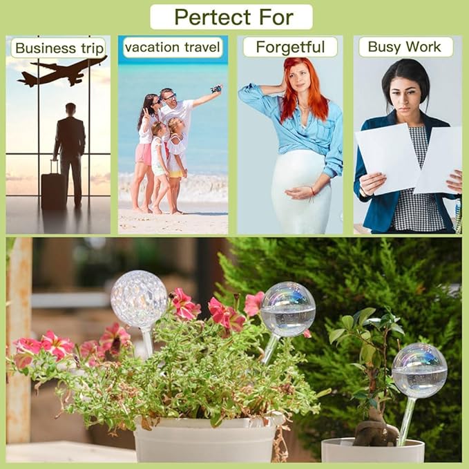Glass Plant Watering Globes, Water Plants While Away Slow Self Watering Planter Insert Bulbs for Outdoor Indoor Plants, Vacation Plant Watering System Devices (Iridescent Medium 2-Pack)