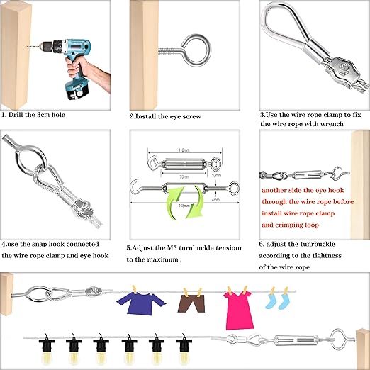 1/8" Stainless Steel Cable,1/8" Wire Rope,M5 Turnbuckle Kit,165FT Wire Tensioner for String Light Hanging Kit,Aircraft Cable,Guy Wire,Stainless Steel Wire Rope Kit
