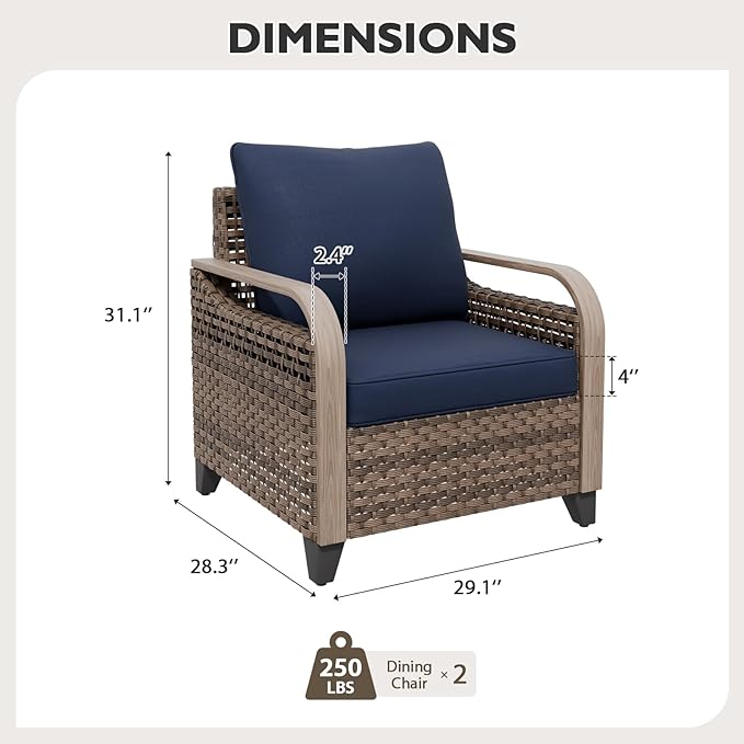 EAGLE PEAK Modern Wicker Outdoor Chair, Patio Chair Curved Armrest, Rattan Patio Furniture for Yard Deck Porch Garden, 2 Chairs, Brown/Blue
