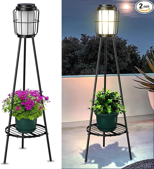 2 Pack Solar Lights Outdoor with Plant Stands - Solar Floor Lamp & Street Lights with Metal Tripod - Patio Decor for Garden, Yard, Pathway, Driveway, Porch