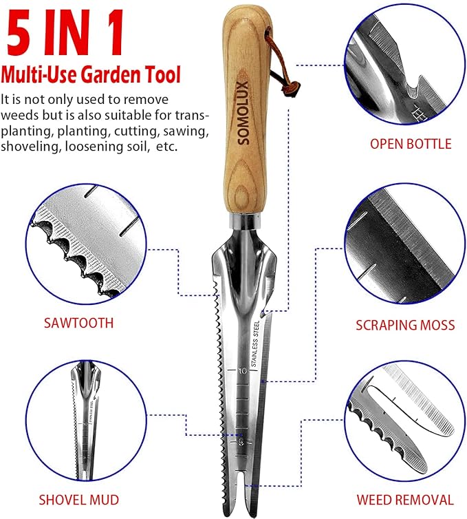 SOMOLUX Multifunctional Garden Tool Stainless Steel Shovel Hand Weeder with Wood Handle Soil Knife Tool for Planting Weeding Digging Transplanting Cutting Measuring