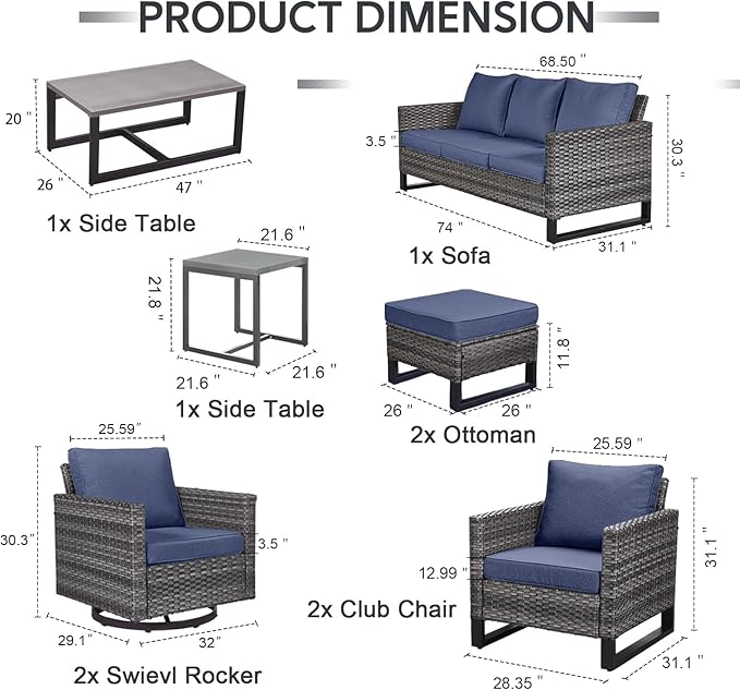 9 Piece Wicker Patio Furniture Set - Outdoor Swivel Rocker Chairs Set with Coffee Table, Rattan Chairs, 3 Seat Sofa & Ottomans, Patio Conversation Sets for Bcakyard Deck - Grey/Blue
