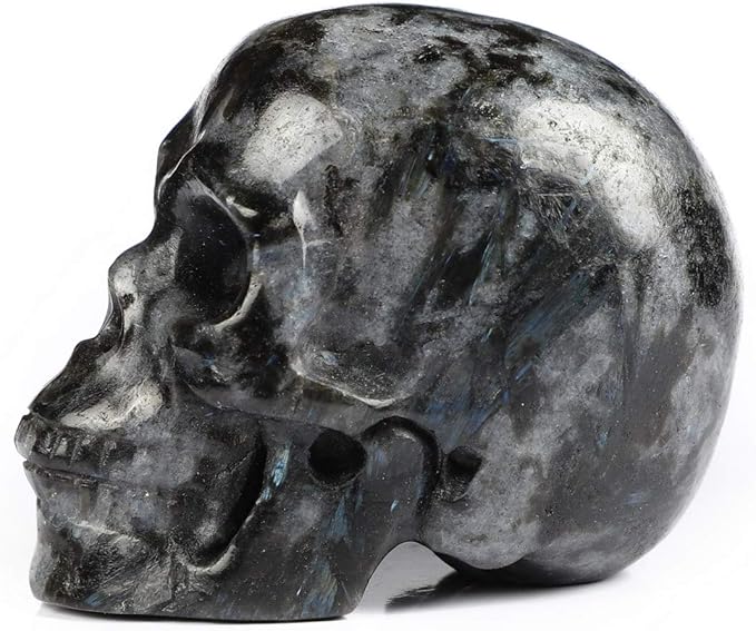 Skullis 2.0” Russian Arfvedsonite Crystal Skull, Hand Carved Gemstone Fine Art Sculpture, Reiki Healing Stone Statue.1