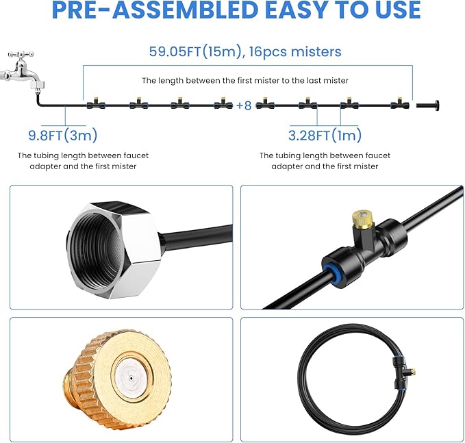 Keten 72FT Misting Cooling System, 59FT(18m)+Extra 13FT(4m) Misting Line, Misters System for Outdoor Patio Garden Greenhouse Pasture with 18 T-Joints+18 Mist Nozzles+3/4” Brass Adapter