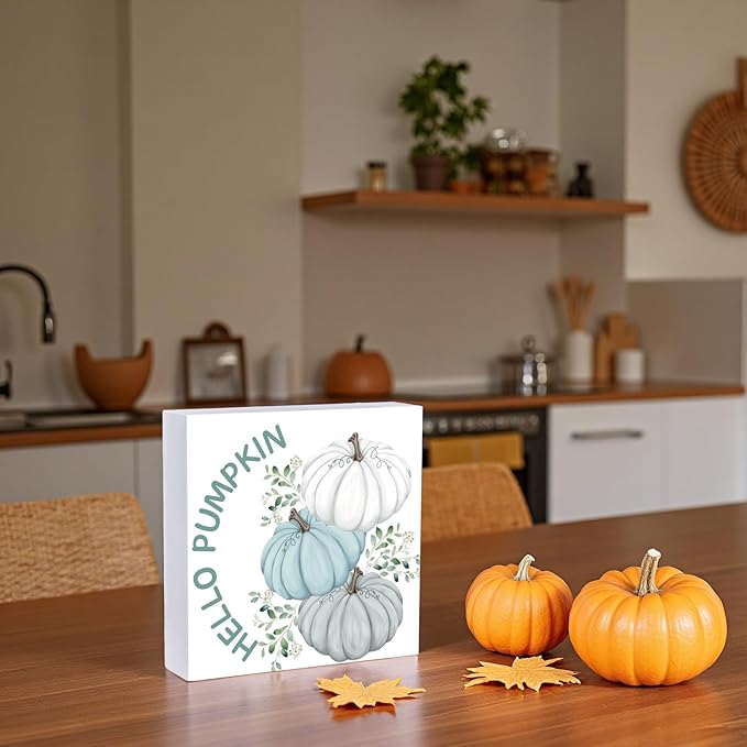 Fall Decorations for Home Fall Decor Home Room Hello Pumpkin Table Wood Box Sign Rustic Wooden Shelf Desk Office Decor Season Sign House Warming Gifts 5.9 x 5.9 Inch