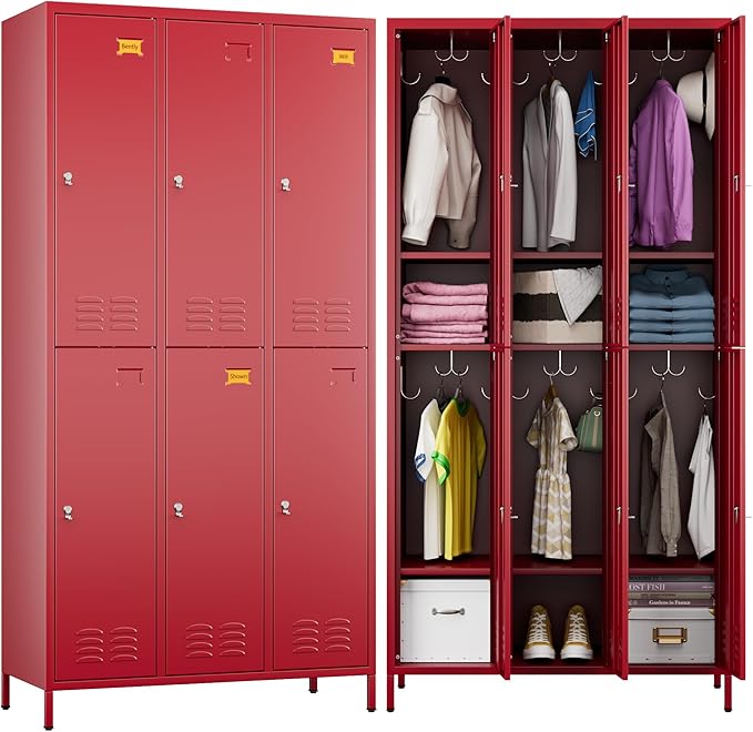 METAN Metal Locker for School Office Gym Bedroom,6 Doors Steel Storage Lockers Cabinet for Employees,Industrial Storage with 1 Shelf,Assembly Required,Red