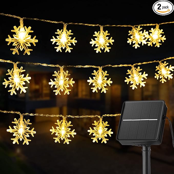 Brightown Solar Christmas Snowflake String Lights 100 LED 39 FT Outdoor Waterproof Fairy Lights with 8 Lighting Modes for Wedding, Party, Tree, Room, Garden, Patio, Yard, Home, Warm White