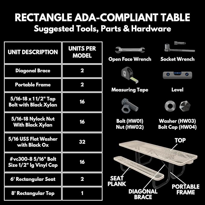 Heavy-Duty Portable ADA-Compliant Outdoor Picnic Table, Expanded Metal Patio Dining Furniture Made in America (8ft Rectangular, Both-Side Handicap, Textured Gold Vein)