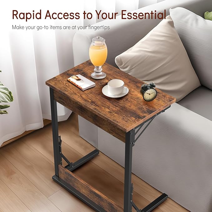 Tatub 24" Folding C Shaped End Table, Small Sofa Side Laptop Desk, Couch TV Tray Table for Living Room, Bedroom, Rustic Brown