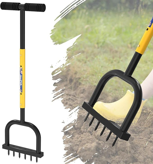 Lawn Aerator Tool, Lawn Aerator with six 6mm Extra-Large Spikes, Clears Leaves and Dirt, Metal Hand Aerator for loosening Soil, aerates Patio and Garden