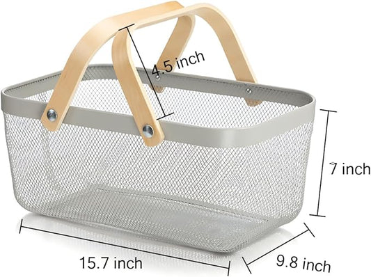 Wire Mesh Storage Organizer Basket Portable Garden Harvest Basket Fruit Basket Bin with Wood Handle Ideal for Kitchen Picnic Pantry Cabinets Storage Home Decor (Cold Gray)