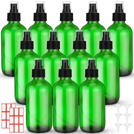 Norme 12 Pcs 8 oz Glass Spray Bottles with Funnels and Labels Refillable Cosmetic Empty Spray Bottles with Sprayer Containers for Essential Oil Cleaning Solutions (Green,Stylish)