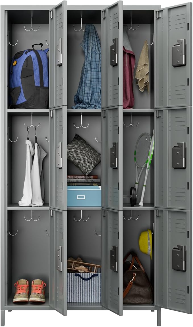 METAN Metal Storage Locker for School Office Gym Bedroom, 9 Doors Locker Cabinet for Employees, Industrial Steel Storage Locker with 18 Hooks, Assembly Required (9 Door-Light Gray)