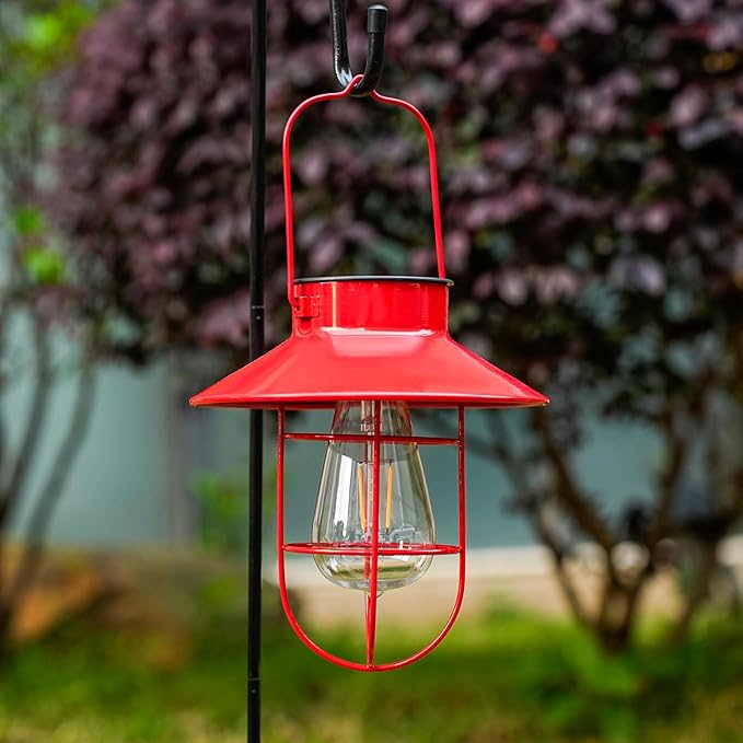 Solar Lights Lantern Lamp with Shepherd Hook, Solar Metal Lanterns, Outdoor Lights Decor,Edison Bulb Lights for Garden ,Outside Decor for Pathways,Patio, Lawn, or Landscaping(Red)