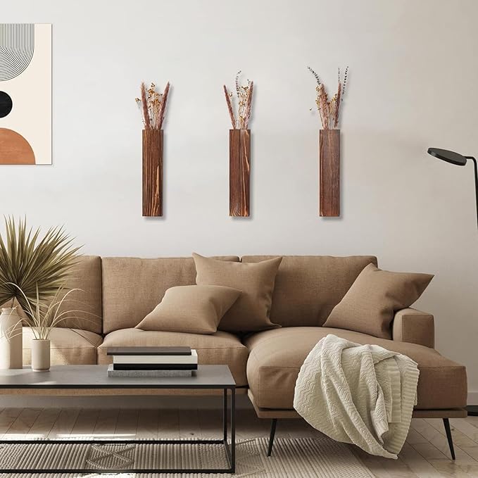 Wooden Wall Planter Set of 3 - Modern Home Decor for Living Room, Bedroom, Bathroom - Walnut Finish Planter for Dried Flowers, Faux Greenery, Indoor Plants