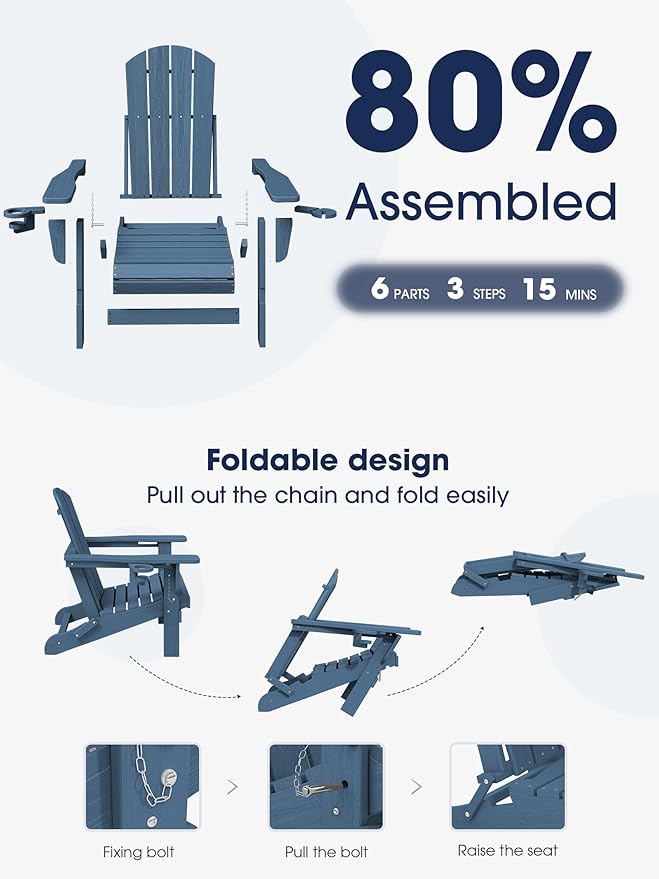 KINGYES Folding Adirondack Chair Set of 2, Dual Cup Holders & All-Weather HDPE, Wood-Like Patio Chair for Backyard, Camping, Pool & Fire Pit, Navy