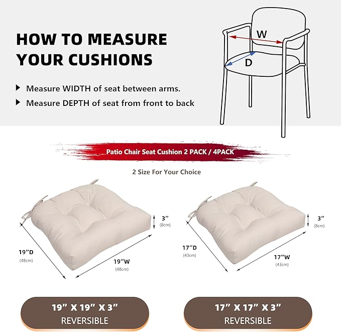 RACE LEAF Patio Chair Cushions 19x19 Inch 4 Pack, Thickened Outdoor Seat Cushions Water Resistant with Non-Slip Ties & Stain Resistant Tufted Design (Beige)