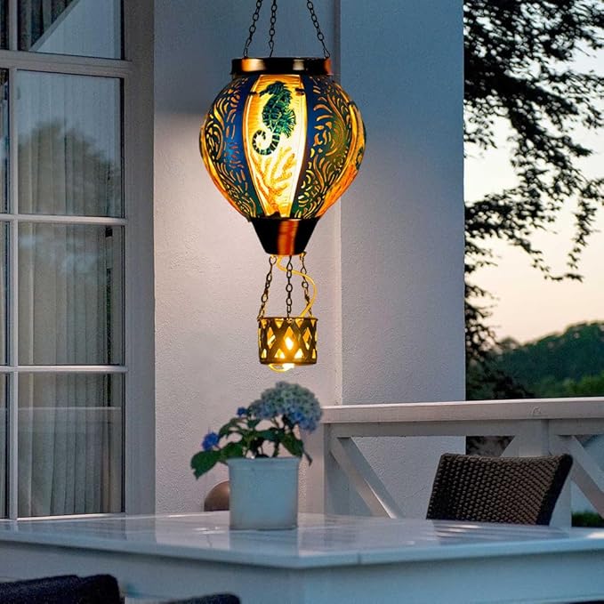 Seahorse Solar Hot Air Balloon Lantern with Flame Flickering Metal Hot Air Balloon Solar Lanterns Outdoor Waterproof Hanging Outdoor Lights for Yard,Patio,Garden Decor Birthday Gift for Women