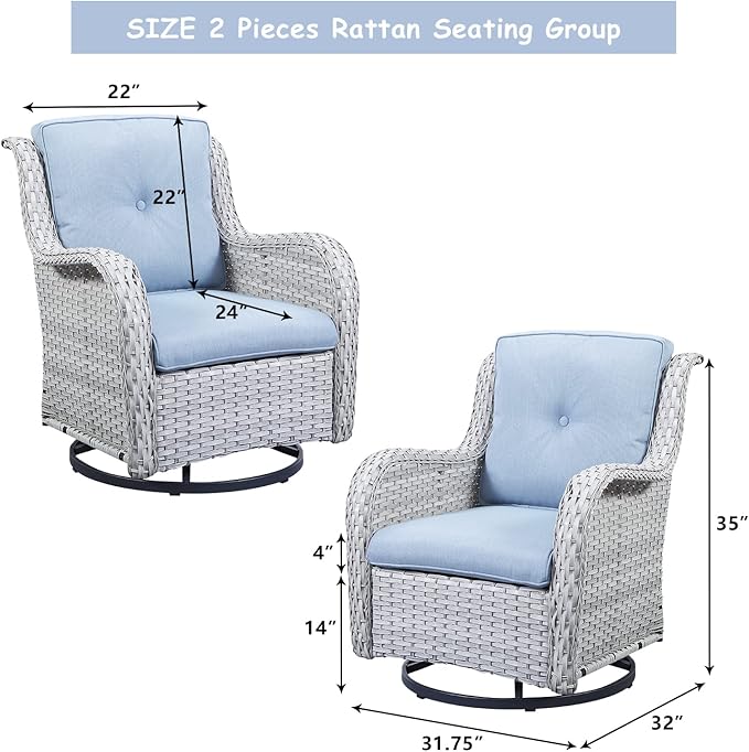 HUMMUH Outdoor Swivel Rocker Wicker Patio Chairs Set of 2, Rattan Rocking Chair Furniture Set(Light Grey,Light Blue)