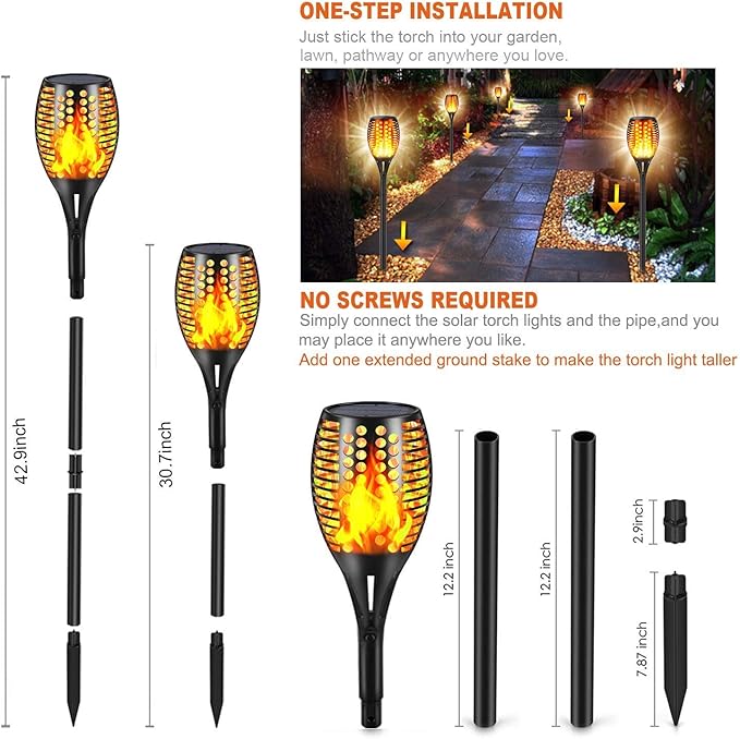 Solar Lights Outdoor, 43" Waterproof Flickering Flames Torch Lights, Solar Landscape Decoration Lighting Auto On/Off Pathway Lights for Garden Patio Yard Christmas, 2 Packs