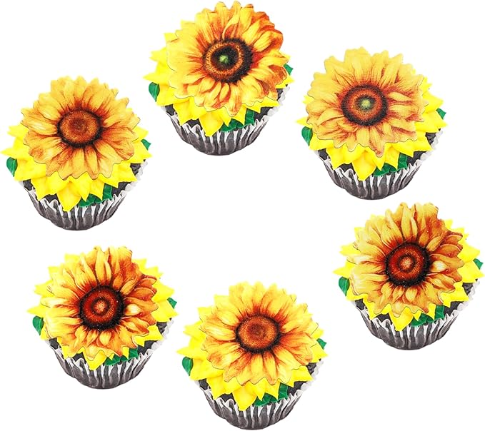 60 PCS Edible Sunflower Cupcake Toppers Edible Flowers Cake Decorations Edible Paper Sunflower Party Decorations for Baby Shower Sunflower Birthday Party Cake Toppers Food Decorations Supplies