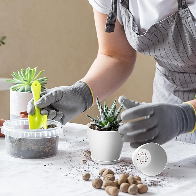 8 Pack 4 Inch Plant Pots with Drainage Holes and Saucers, Pots for Plant Indoor, Plastic Planters for Succulents and Small Plants, White