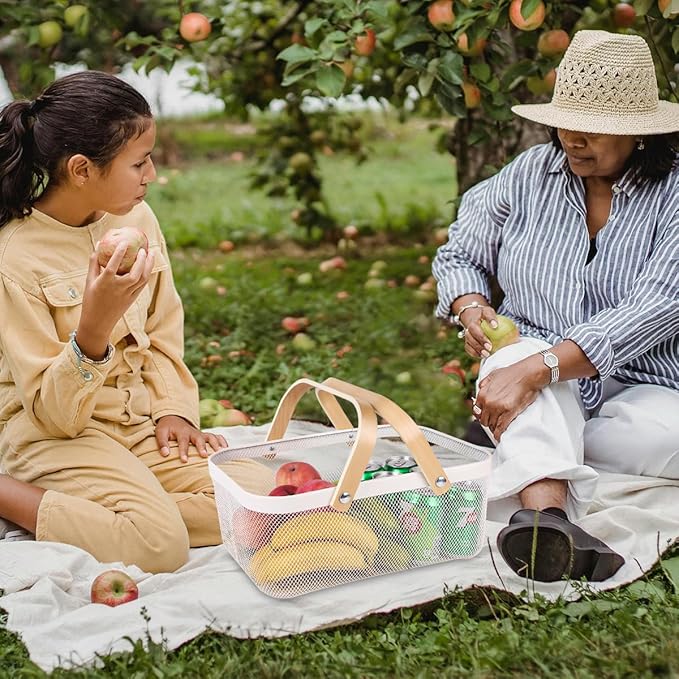 Wire Mesh Storage Organizer Basket Portable Garden Harvest Basket Fruit Basket Bin with Wood Handle Ideal for Kitchen Picnic Pantry Cabinets Storage Home Decor (Cold Gray)
