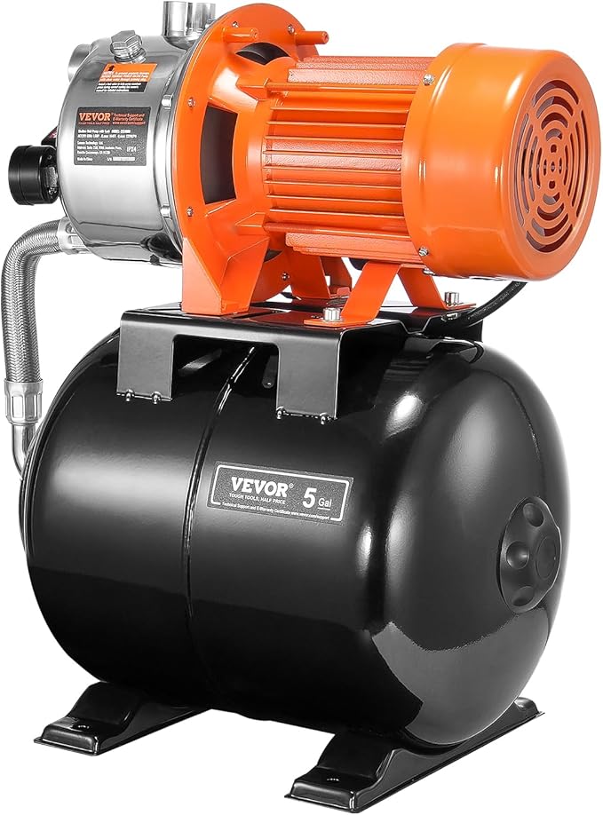 VEVOR 1.6 HP Shallow Well Pump with Pressure Tank, 1320 GPH, Automatic Irrigation Water Booster Pump with 30/50 PSI Pressure Switch for Home Garden Lawn, Certification for Drinking Water Security