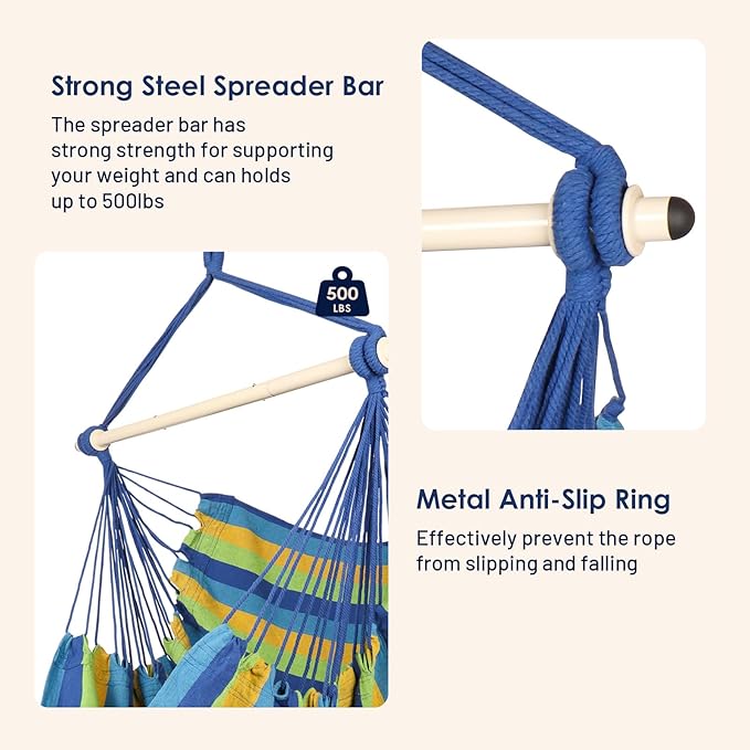 Highwild Hammock Chair Hanging Rope Swing - Max 500 Lbs - Steel Spreader Bar with Anti-Slip Rings - for Any Indoor or Outdoor Spaces (Blue Striped)
