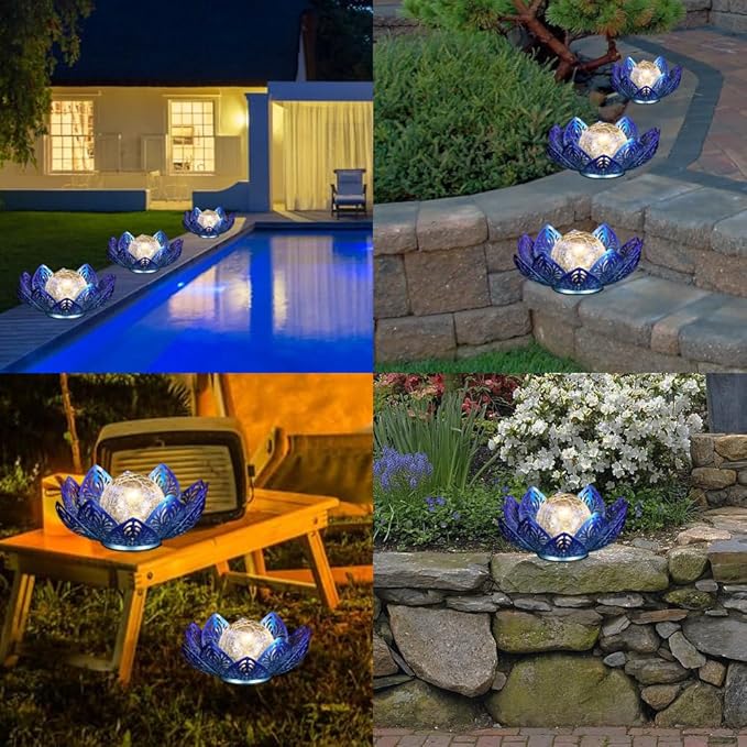 12 inches Solar Lights Outdoor Garden, Crackle Globe Glass Lotus Decoration, Waterproof LED Metal Flower Lights for Patio,Lawn,Walkway,Tabletop,Ground Gardening Gifts (Blue Hollow)