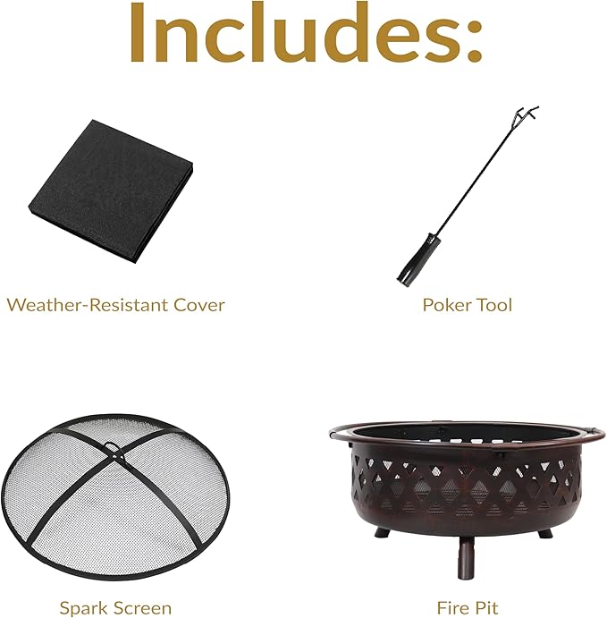 Sunnydaze Crossweave Outdoor Fire Pit - Wood-Burning Fire Pit for Outside with Spark Screen, Poker and Round Cover - 36-Inch - Bronze
