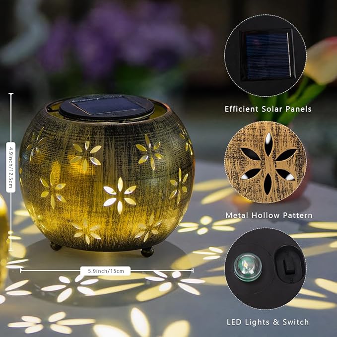 VEWOGARDEN 2 Pack Solar Lanterns Outdoor Waterproof Solar Lantern Hollow Out Metal Lantern Solar Lights for Patio Garden Table Decor