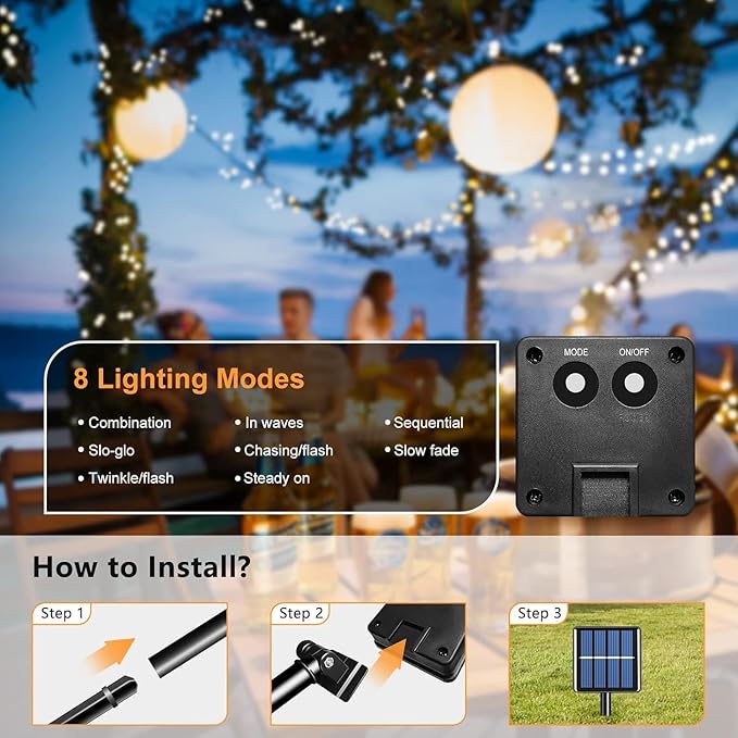 Voolex 4-Pack Solar Christmas String Lights Outdoor -100LED 33FT Solar Powered LED String Light Waterproof with 8 Modes, Solar Powered Lights for Garden, Fence, Party, Tree Decorations Warm White