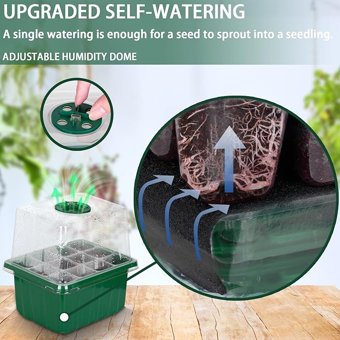 Self-Watering Seed Starter Tray - Kit with Grow Light and Humidity Dome, 6-Pack 72-Cell Plant Seedling Tray,Reusable Plastic Germination Trays for Indoor Gardening Seeds Growing Starting
