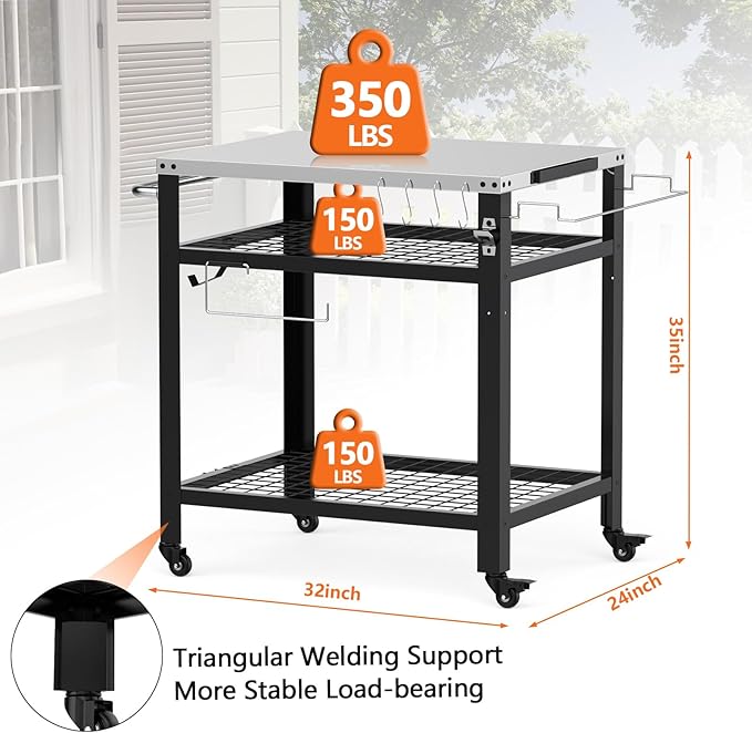 Stainless Steel Pizza Oven Table for Ooni, 650lbs Outdoor Grill Cart with Wheels and Handle, 32"x 24" Three-Shelf Food Prep Cart for Griddle, Movable Outdoor Pizza Cart