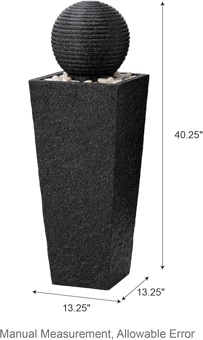 Glitzhome Outdoor Water Fountain with LED Light, Oversized Decorative Black Pedestal Water Fountains with Submersible Pump, Modern Sphere Floor Fountain with Pebbles for Garden Patio Decor, 40.75”H