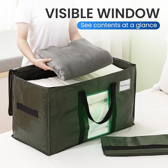 TAILI 4 Pack Green Extra Large Storage Bags, Heavy Duty Totes with Visible Window, Wrap Around Handles, Perfect for Moving