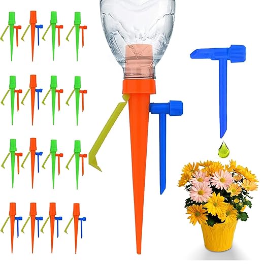 New Upgrade Plant Self Watering Spikes Devices, Plant Drip Irrigation System with Slow Release Control Valve Switch - Adjustable Watering Devices for Outdoor Indoor Garden Plants (16, Orange+Green)