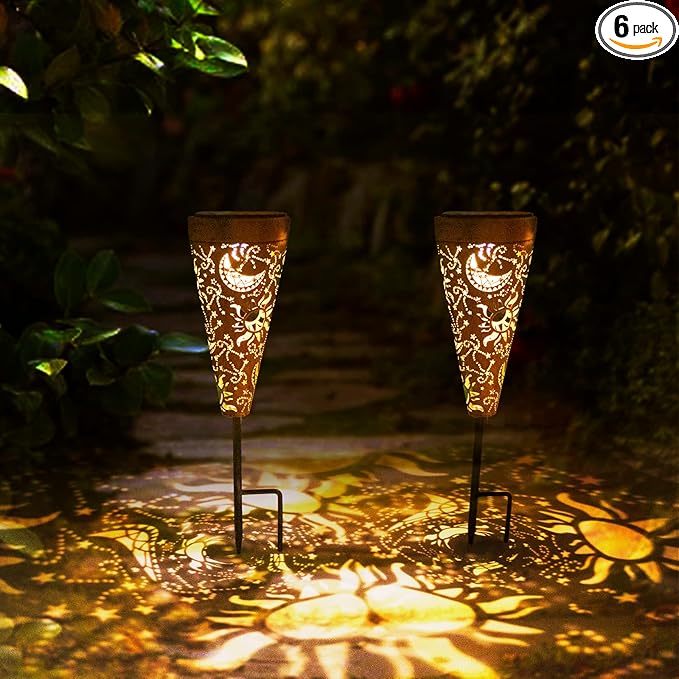 DIBIEECN 6 Pack Sun and Moon Solar Pathway Lights Outdoor,Metal Garden Decorations Outdoor Lights with Patterns and Warm Light,Waterproof Landscape Lighting for Path Patio Backyard Walkway Yard