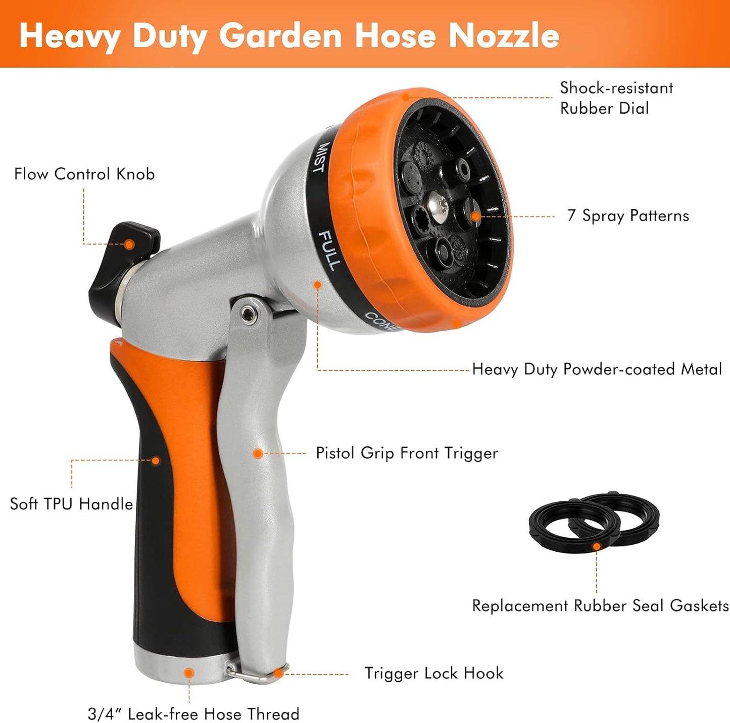 RESTMO Garden Hose Nozzle, Heavy Duty Metal Water Hose Nozzle with 7 Adjustable Spray Patterns, High Pressure Hand Sprayer with Flow Control, Best for Watering Plant & Lawn, Washing Car & Pet, Orange