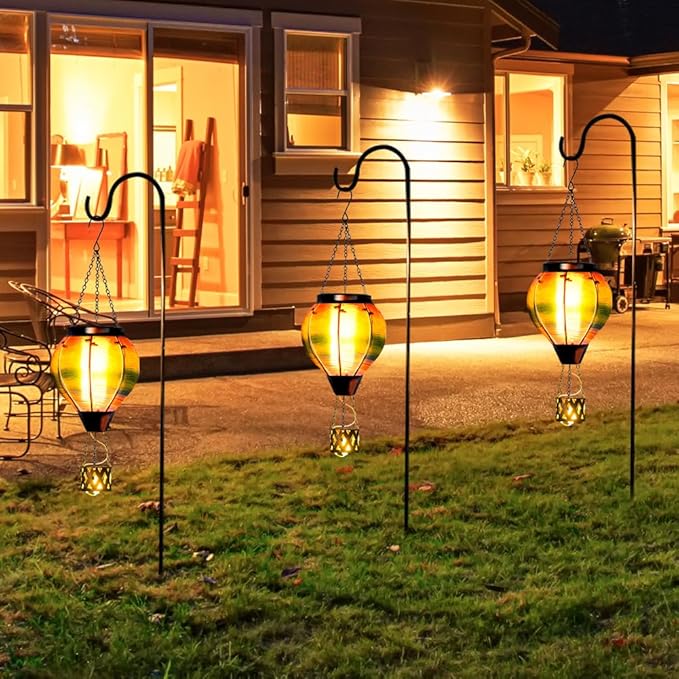 Starsoul 2 PC Solar Hot Air Balloon Lantern with Flame Multi-Color Hot Air Balloon Lantern with Candle Holder Metal & Glass Hanging Garden Light Waterproof Outdoor Lantern Decor