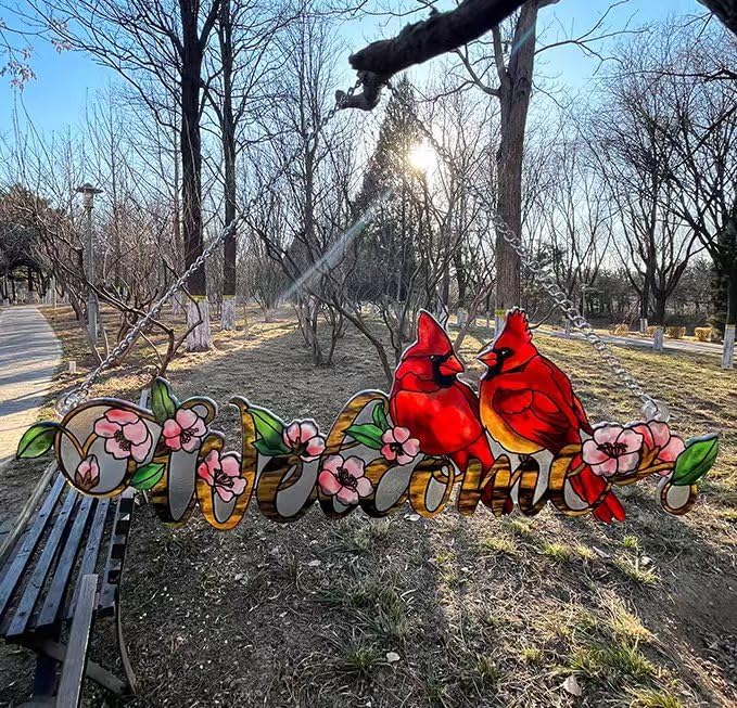 Welcome with Red Cardinal Suncatcher Red Bird Stained Glass Suncatchers Window Hanging Ornament for Home Decor Indoor Wall Art for Mother's Day Women Mom Birds Lovers Friends (Welcome)
