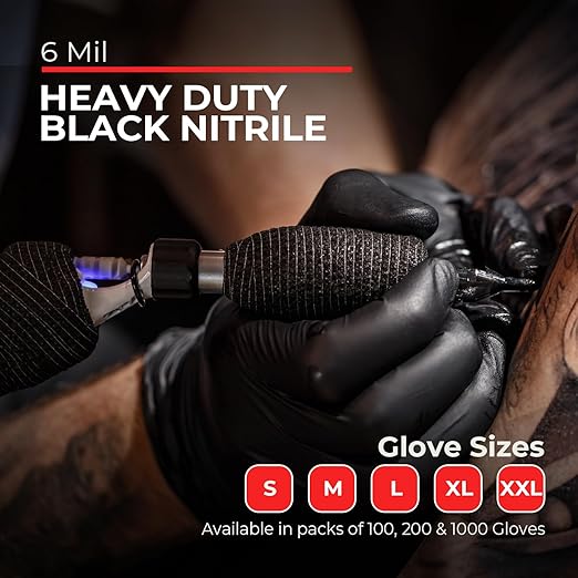 Heavy Duty 6 Mil Black Nitrile Gloves - Disposable, Latex & Powder Free | Mechanic, Food Prep & Tattoo | Rubber Gloves for Cooking, Cleaning & Household | Pack of (100)
