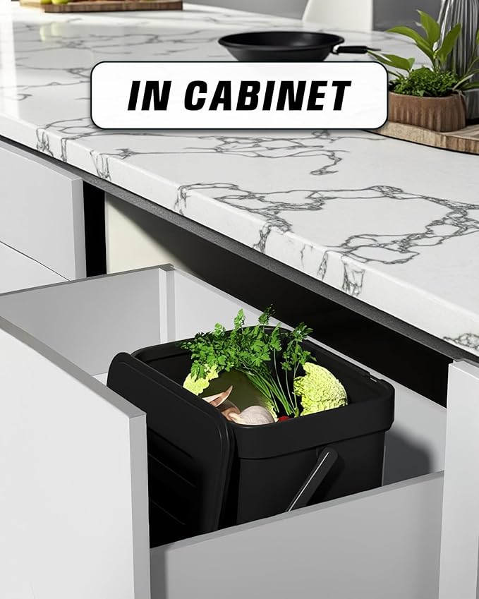 Countertop Compost Bin Kitchen, 1.8 Gallons Hanging Trash Can with Lid for Kitchen Cabinet Door, Under Sink, Wall Mounted Waste Bin for Bathroom, 7L(Black)