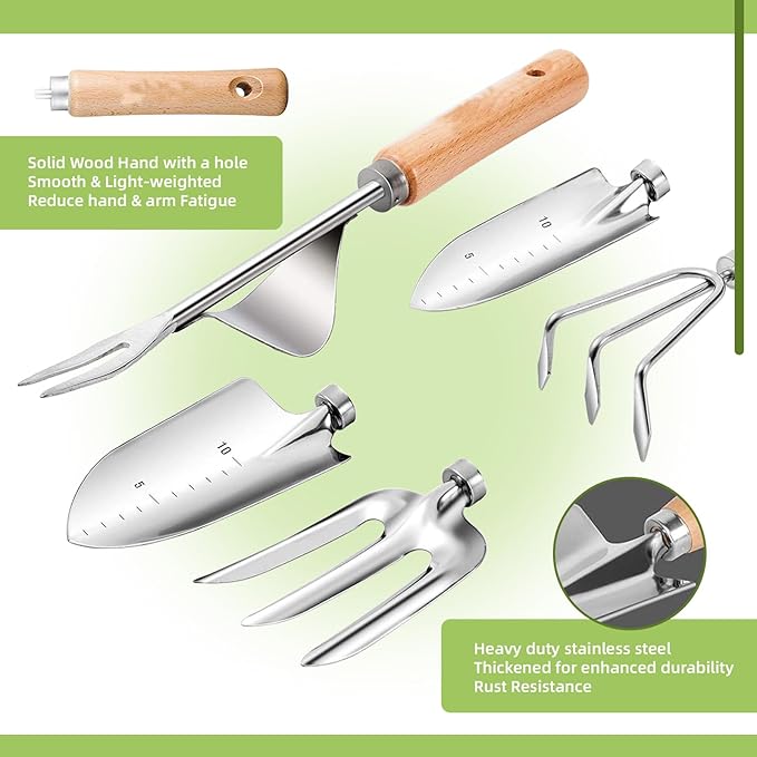 Garden Tool Set 12 Pieces Gardening Tools Stainless Steel Heavy Duty, Outdoor Hand Tools with Floral Organizer Handbag, Succulent Tools,Gardening Gifts for Women Men Beginners