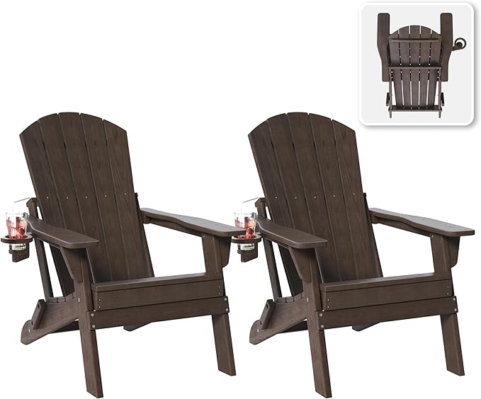 Folding Adirondack Chair Set of 2 with Cup Holder, HDPE All Weather Resistant Plastic Outdoor Patio Chairs, Heavy Duty Fire Pit Seating for Backyard Lawn Garden, Wooden Textured Design(Coffee)