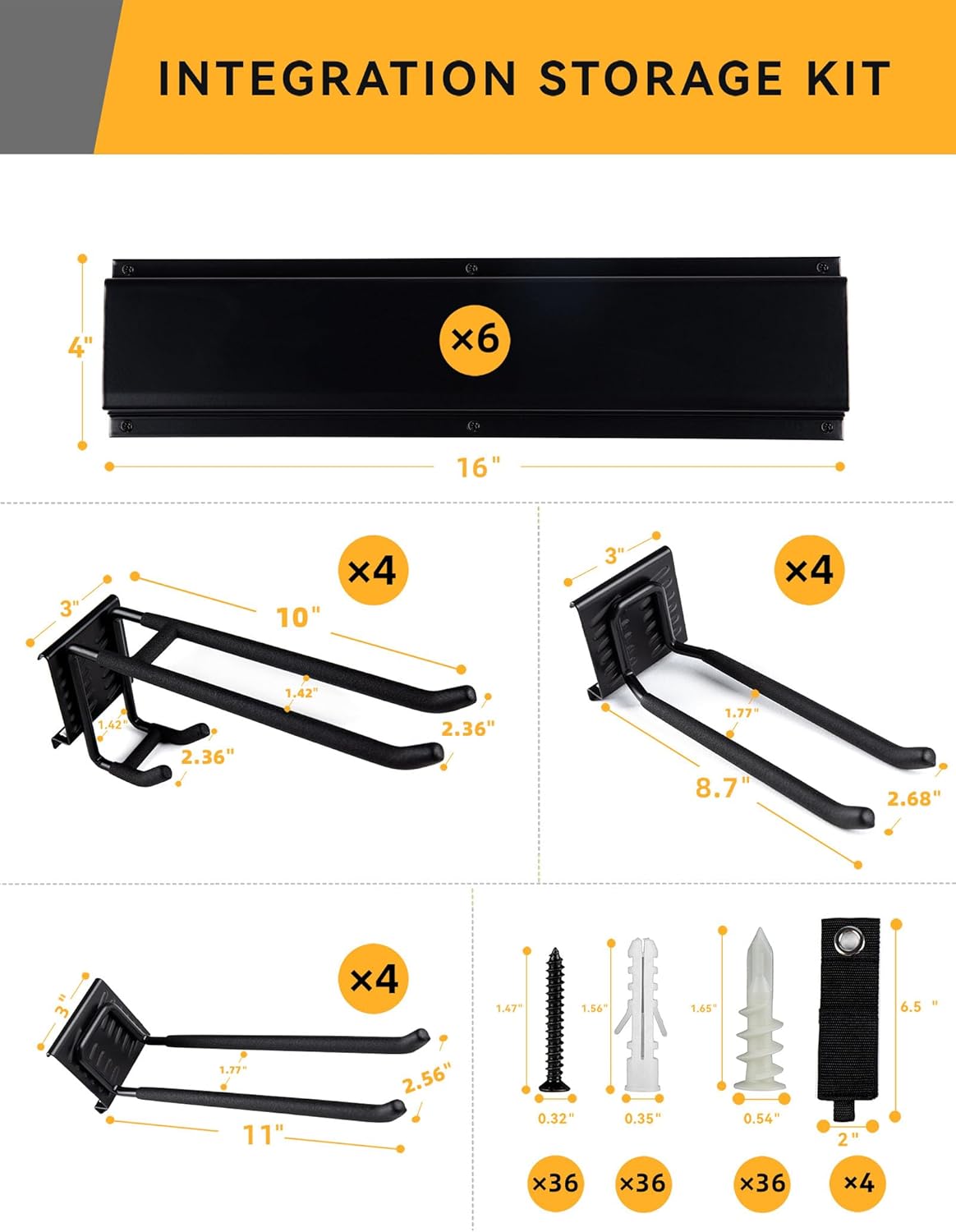 96 Inch Wall Mount Garden Tool Organizer, Garage Storage, Adjustable with 12 Heavy Duty Hooks and 4 Cable Ties, Max Load 960lbs, Black Iron, 96 x 1 x 4 Inches