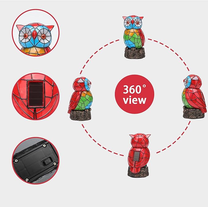Solar Owl Garden Statues,Owl Decor for Outdoor,Resin Colorful Owls Figurine with Solar Light for Patio,Balcony,Yard,Lawn Ornament,Perfect Garden Gift